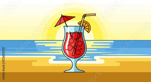 Vibrant cocktail illustration on a beach at sunset evoking a tropical vacation vibe