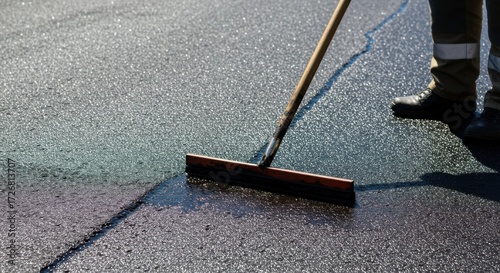 Worker Sealing Asphalt Driveway with Squeegee Applicator – Pavement Maintenance and Protection 