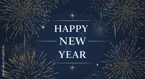 Elegant Happy New Year Illustration with Golden Fireworks and Starry Night Background