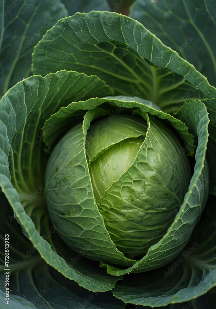 Obraz premium Fresh Green Cabbage Head with Leaves in Close-up