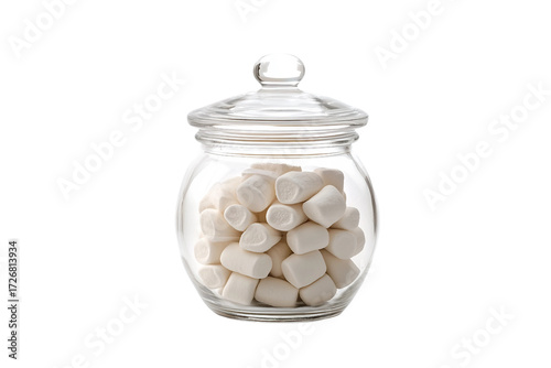 White marshmallow in glass jar isolated on transparent background