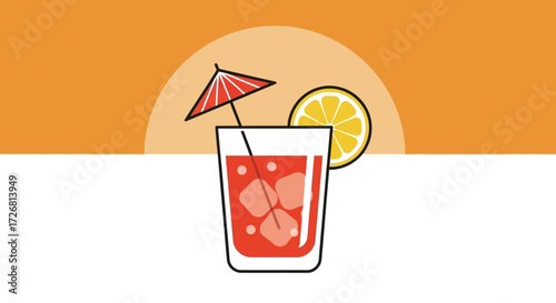 Vibrant summer cocktail illustration against an orange sunset backdrop evoking tropical vibes