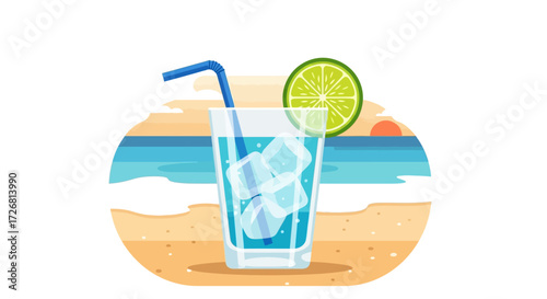 Refreshing drink with ice and lime on a tropical beach background illustration