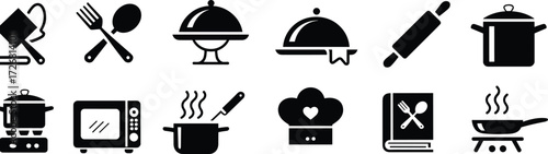 Kitchen tools icon set, black and white cooking vector, culinary equipment symbols, chef hat, pot, pan, cookbook, food preparation design, utensil artwork