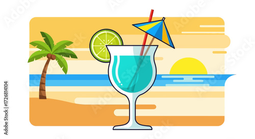 Tropical paradise cocktail illustration with palm tree and ocean sunset on a background for