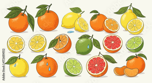 Assorted citrus fruits collection with vibrant colors and freshness illustration design