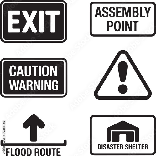 Safety signs alert viewers to exits, assembly points, danger