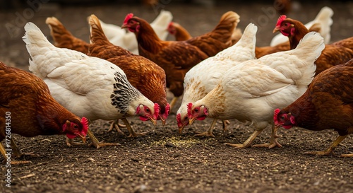 Group of Chickens Feeding on Ground in Farmyard with Brown and White Feathers