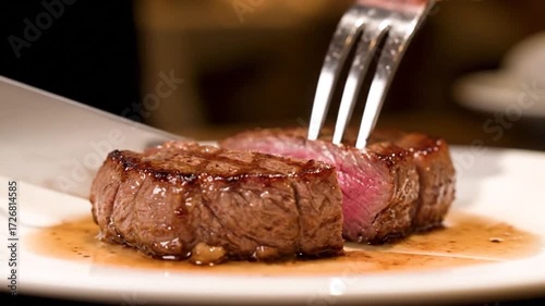 Cutting Delicious Filet Mignon Steak on Plate with Knife and Fork