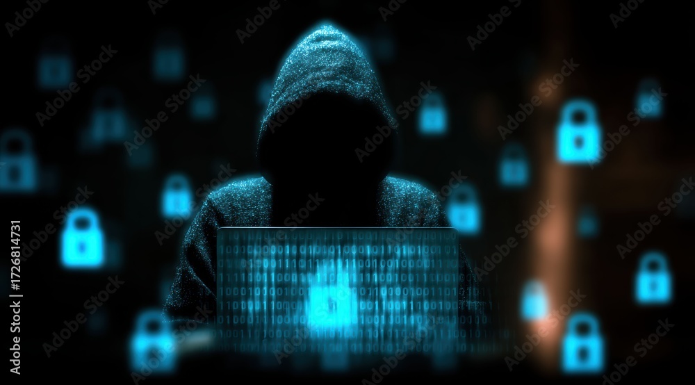 Fototapeta premium Hacker in hoodie types on keyboard surrounded by digital locks and binary code representing dangers of cyber attacks data breaches. It highlights hidden threats in digital world.