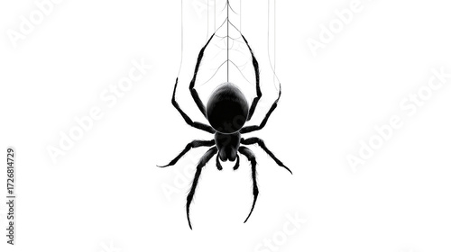 Simple spider dangling from thin thread line art isolated on transparent background 