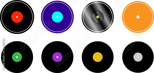 A set of colorful buttons with a retro vinyl record label vector illustration.