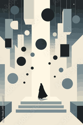 Mysterious figure standing on stage in a minimalist architectural dreamscape with celestial accents, evoking contemplation