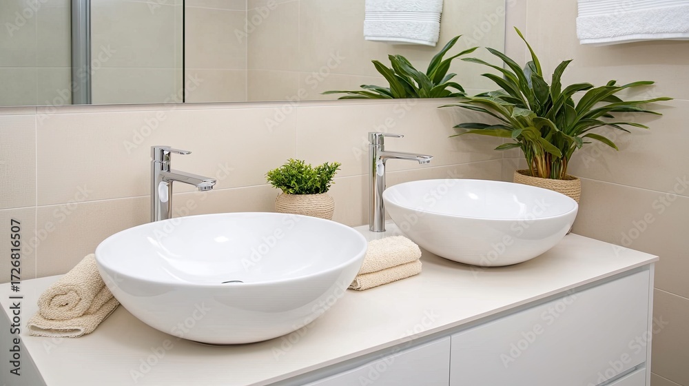Fototapeta premium A beautifully designed bathroom showcases a white double sink vanity with a sleek mirror and storage cabinet, complemented by greenery and minimalist decor
