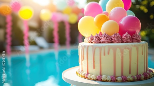 Colorful birthday cake with balloons near a pool. Party decorations and celebration.
