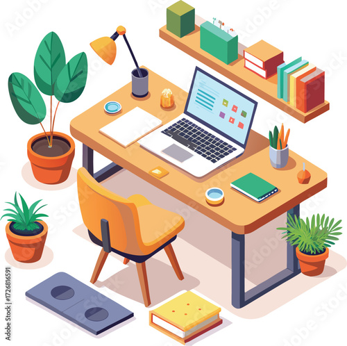 Isometric Home Office Workplace Desk with Laptop and Indoor Plants