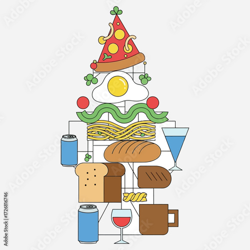 Delicious Food and Beverage Composition A whimsical illustration featuring diverse culinary elements