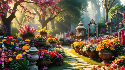 A vibrant garden with flowers and stone pathway view