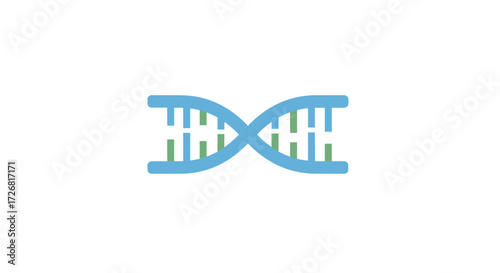 A stylized DNA double helix strand illustration, rendered in blue and green, against a white background.