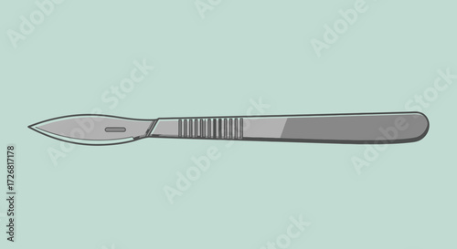 Illustration of a surgical scalpel with a metal blade and textured handle, lying horizontally on a light blue background.