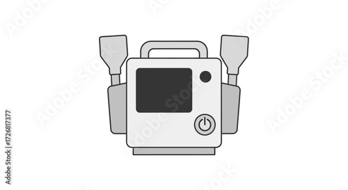 A simplified illustration of a portable medical device with paddles and a screen.