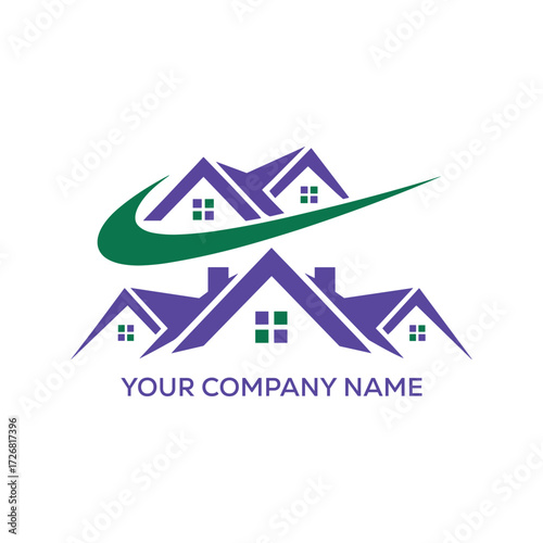 Real Estate Roofline Logo with Green Swoosh – Modern Housing Business Icon
