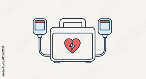 Illustration of a white defibrillator with red heart and lightning bolt symbol, with two paddles connected by cables.