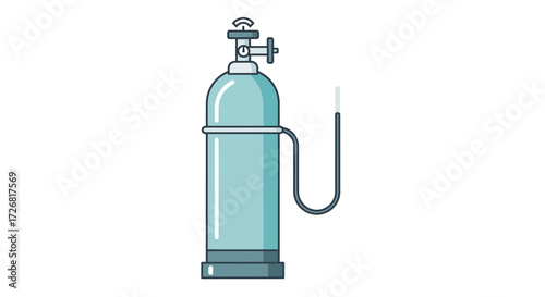 Light teal colored oxygen tank with a valve and tube.