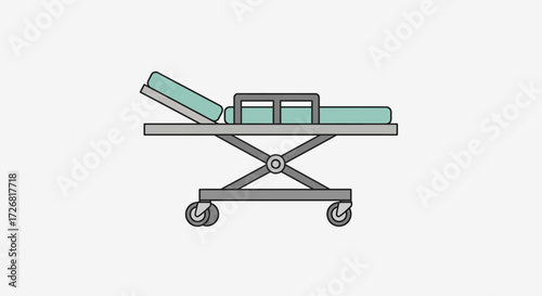 Isolated medical stretcher on wheels, featuring a light green padded surface and gray metallic frame.