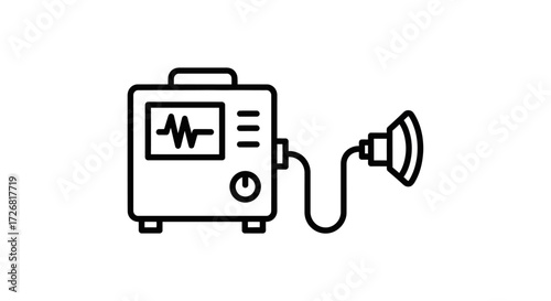 Line drawing illustration of a ventilator machine with a mask connected by a tube.