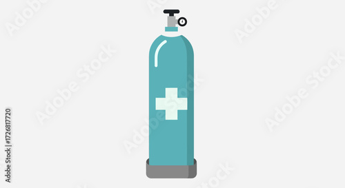 A teal oxygen cylinder with a white cross is shown on a white background.