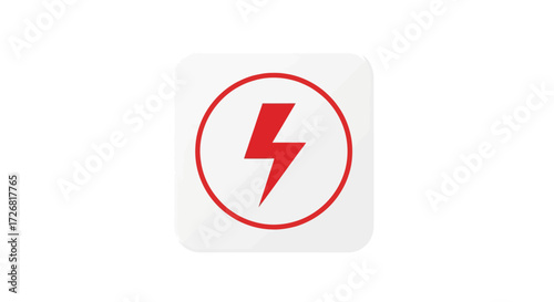 A minimalist icon featuring a red lightning bolt inside a red circle on a white square.