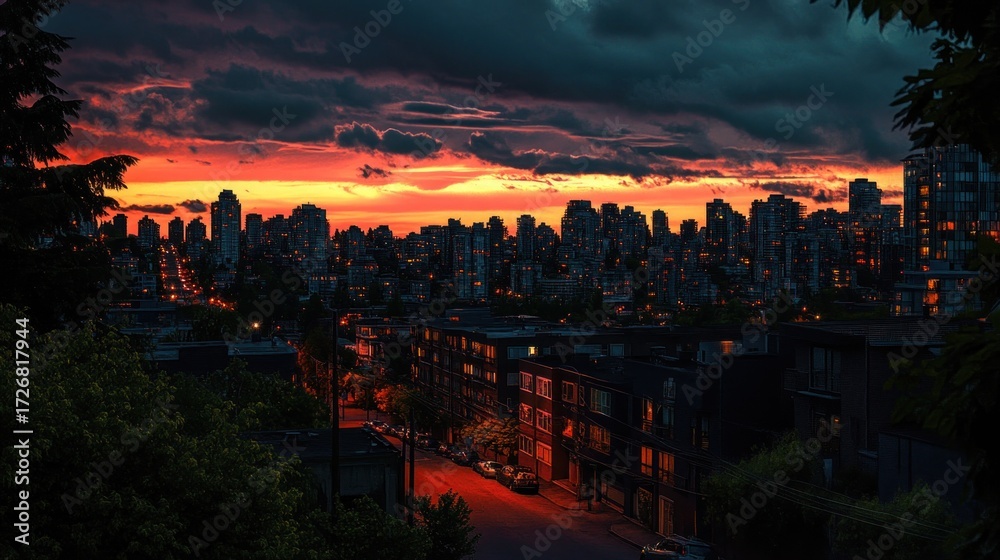 Obraz premium Dramatic sunset over city skyline, residential street below.