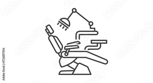 Outlined illustration of a dental chair with overhead equipment.