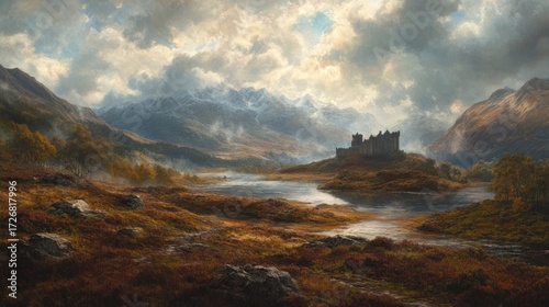 Majestic castle nestled in a misty valley, surrounded by mountains and a tranquil lake.