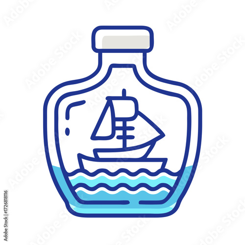 Ship inside a bottle with blue water and waves illustration  