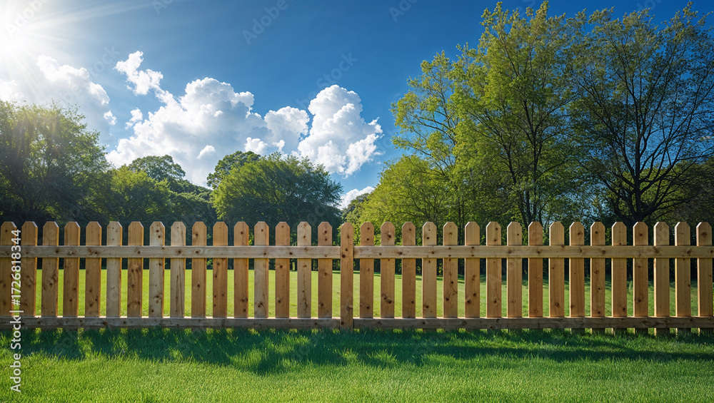 Obraz premium Wooden backyard fence with green grass and cloudy sky horizon.