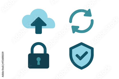 Cloud storage symbols showing upload, sync, security, and data protection concepts in a modern design