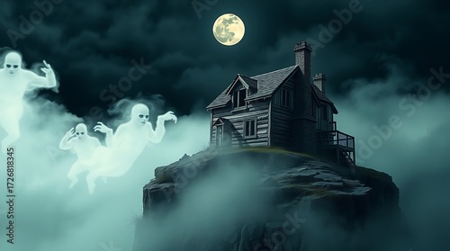 Haunted house with ghosts under a full moon night