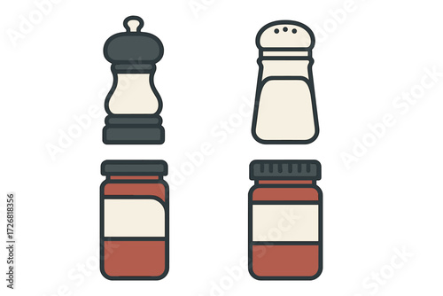 Common kitchen condiments and spices displayed in a simple graphic design showing salt, pepper, and sauces