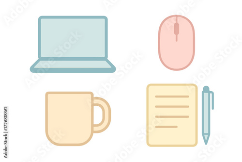 Workspace setup includes a laptop, mouse, coffee mug, and notepad on a simple table