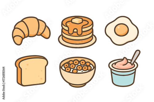 Breakfast items including croissant, pancakes, egg, toast, cereal, and yogurt in a simple, colorful design