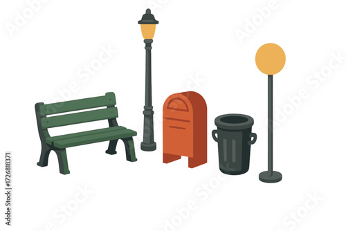 City park scene features a green bench, streetlight, mailbox, trash can, and signpost during the day