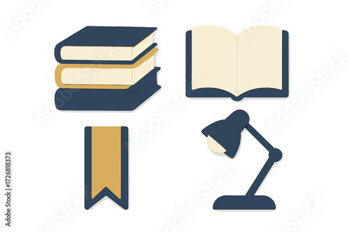 Creative representation of study materials including books, a lamp, and a bookmark in a simple design