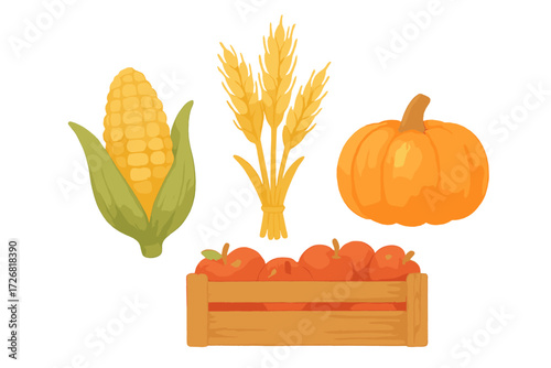 Harvest time with corn, wheat, pumpkins, and apples in a wooden crate