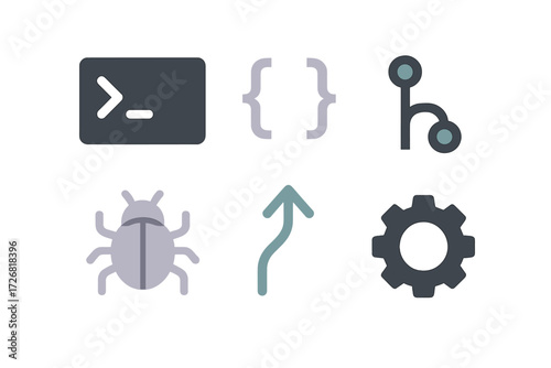 Icons representing programming concepts and debugging tools in a clear and modern style for software development visuals