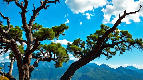 Trees against blue sky with mountains background