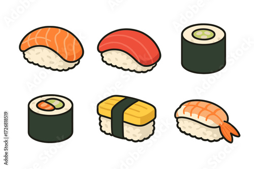Different types of sushi displayed on a white background, highlighting popular Japanese cuisine