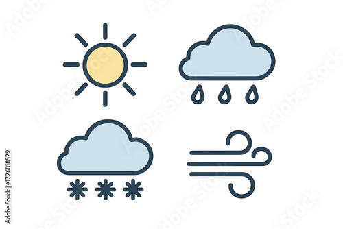 Weather symbols depicting sun, rain, snow, and wind representing different atmospheric conditions