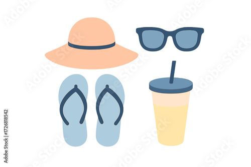 Beach essentials for a sunny day with a straw hat, flip-flops, sunglasses, and a refreshing drink on the sand